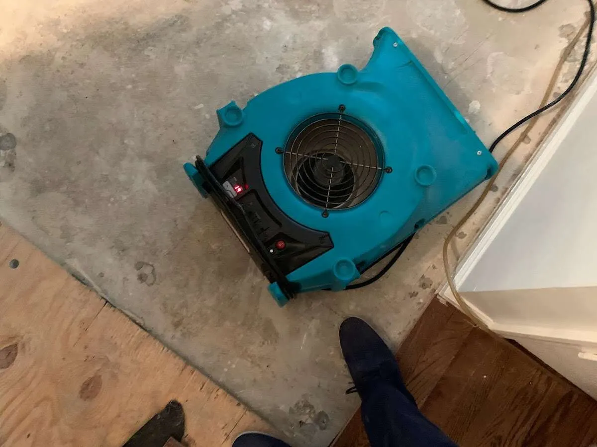 Air mover drying subfloor during Leak Detection & Repair in Forsyth